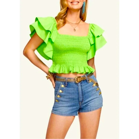 Ramy Brook Yolanda smocked top size small in neon green - Picture 1 of 15